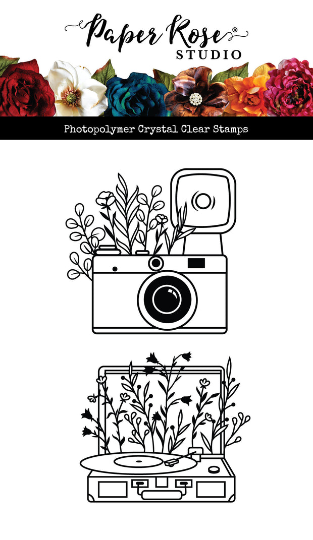 Vintage Floral Camera & Record Player Clear Stamp 34470