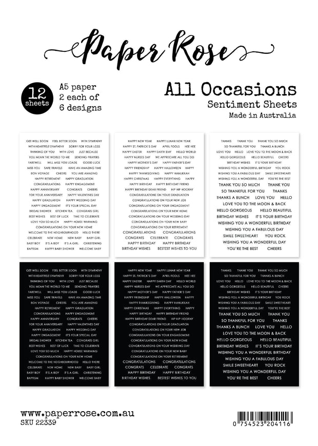 All Occasions Sentiments A5 12pc Sentiment Sheets 22339 - Paper Rose Studio